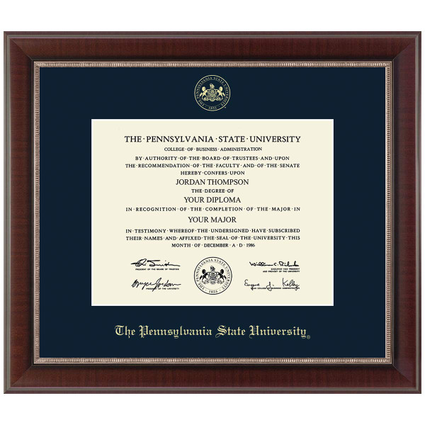diploma frame #130, gold embossed seal The Pennsylvania State University, navy mat, Chateau molding walnut finish
